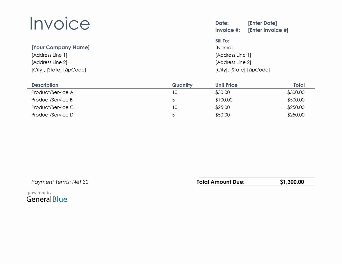 U.S. Invoice Template in Excel (Basic)