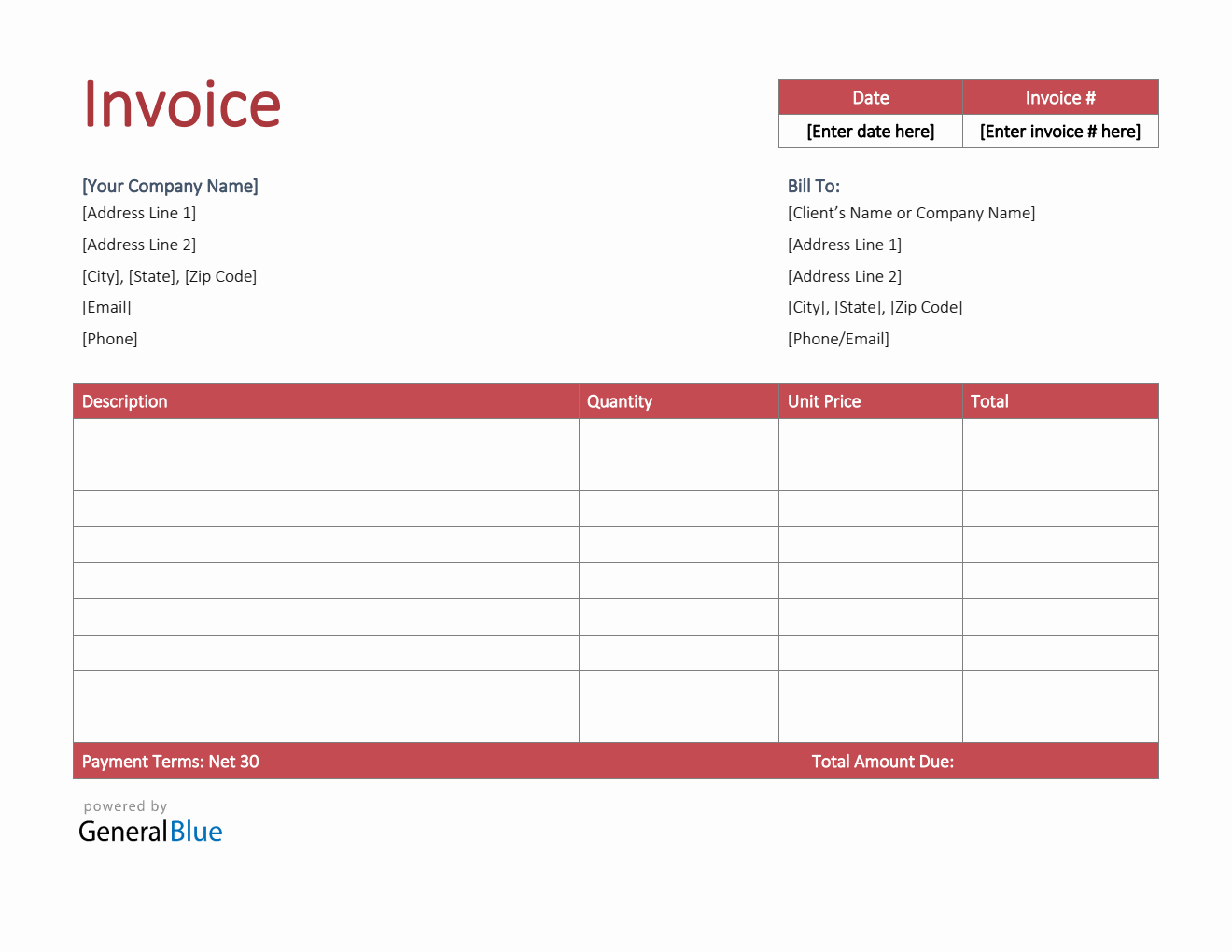 U.S. Invoice Template in Word (Bordered)