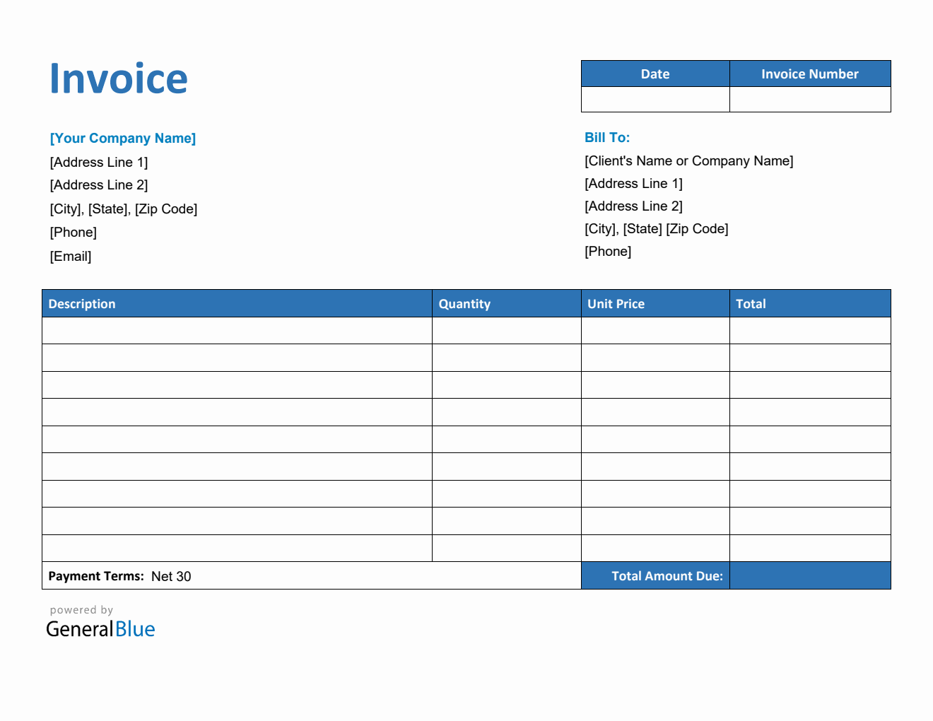 U.S. Invoice Template in PDF (Blue)