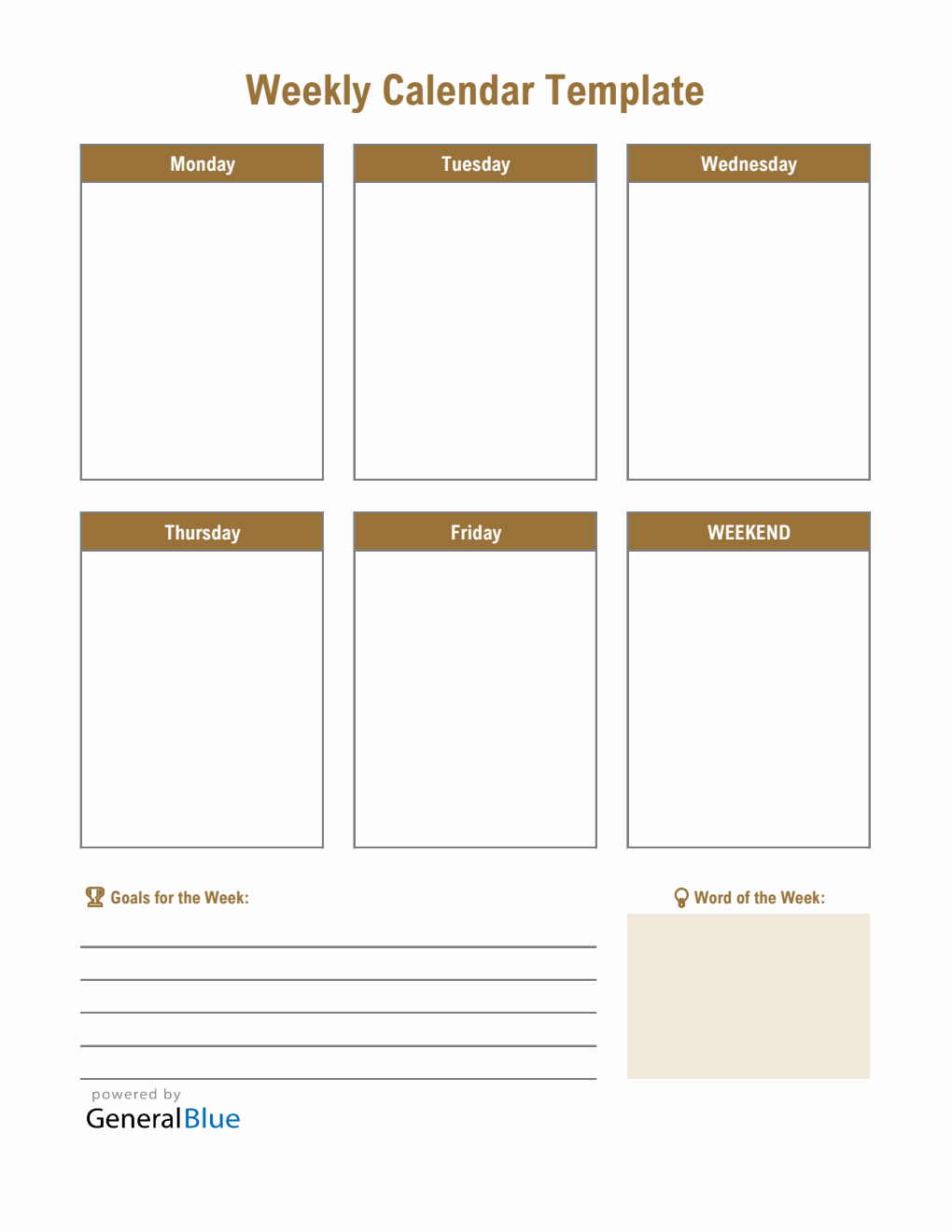 Fillable Weekly Calendar Template in Excel Spreadsheet
