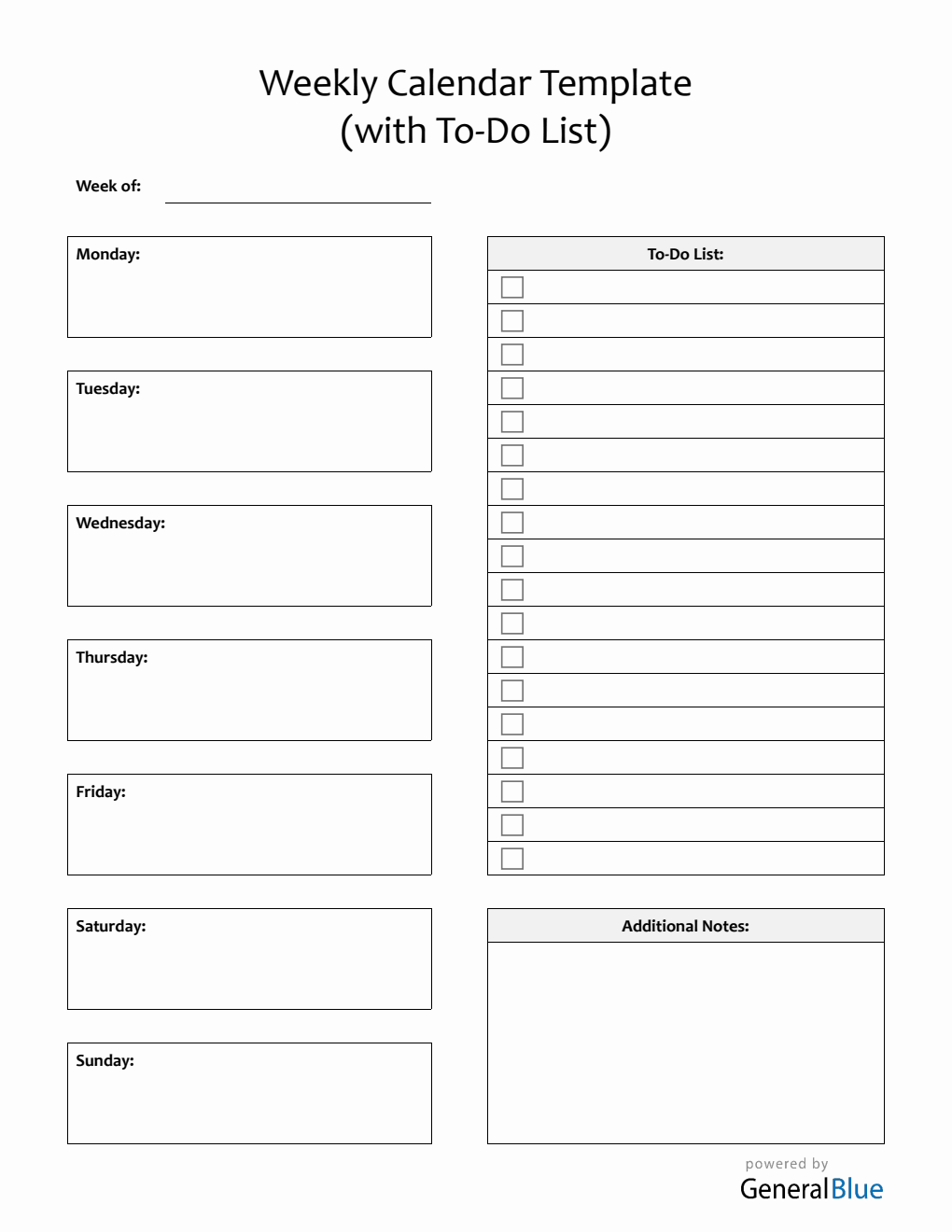 Weekly Calendar with Task List Printable in PDF