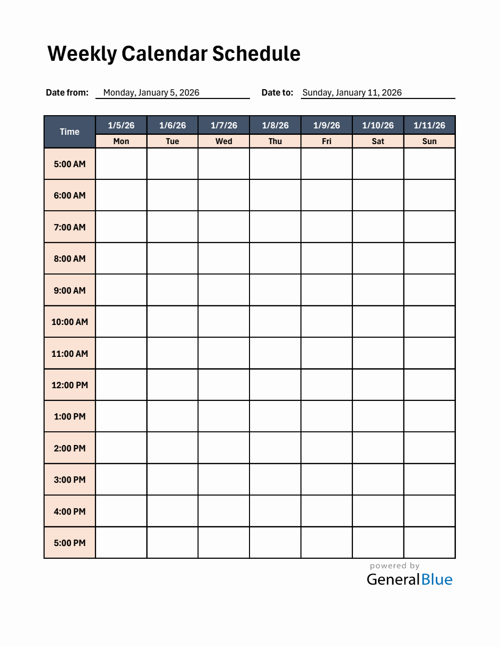 Free Weekly Calendar Template with Time Slots (5AM–5PM) in Excel