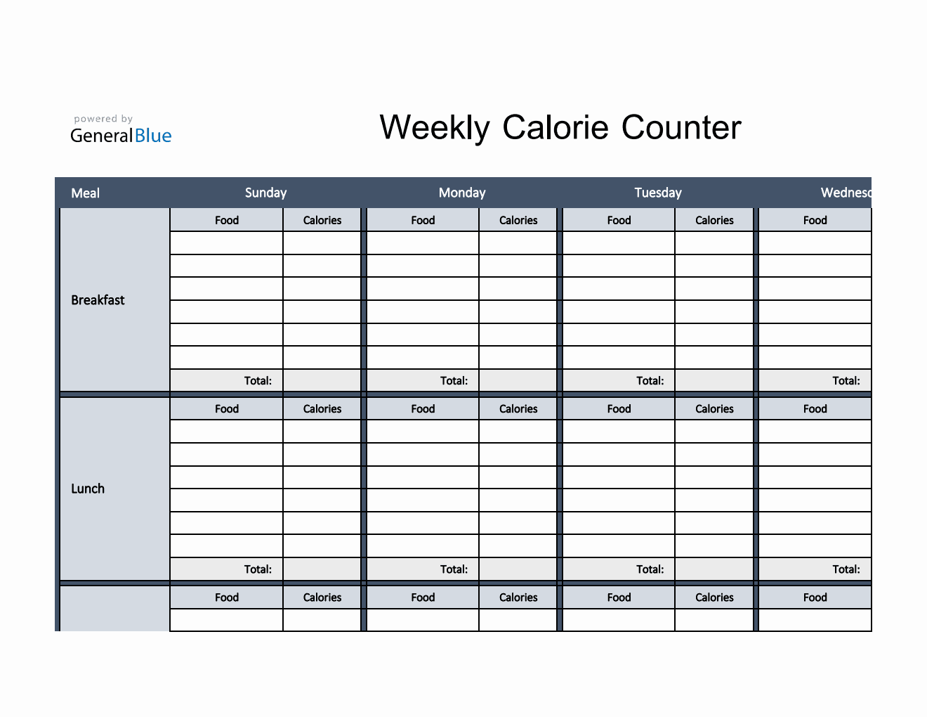 Weekly Calorie Tracker in Excel (Bordered)