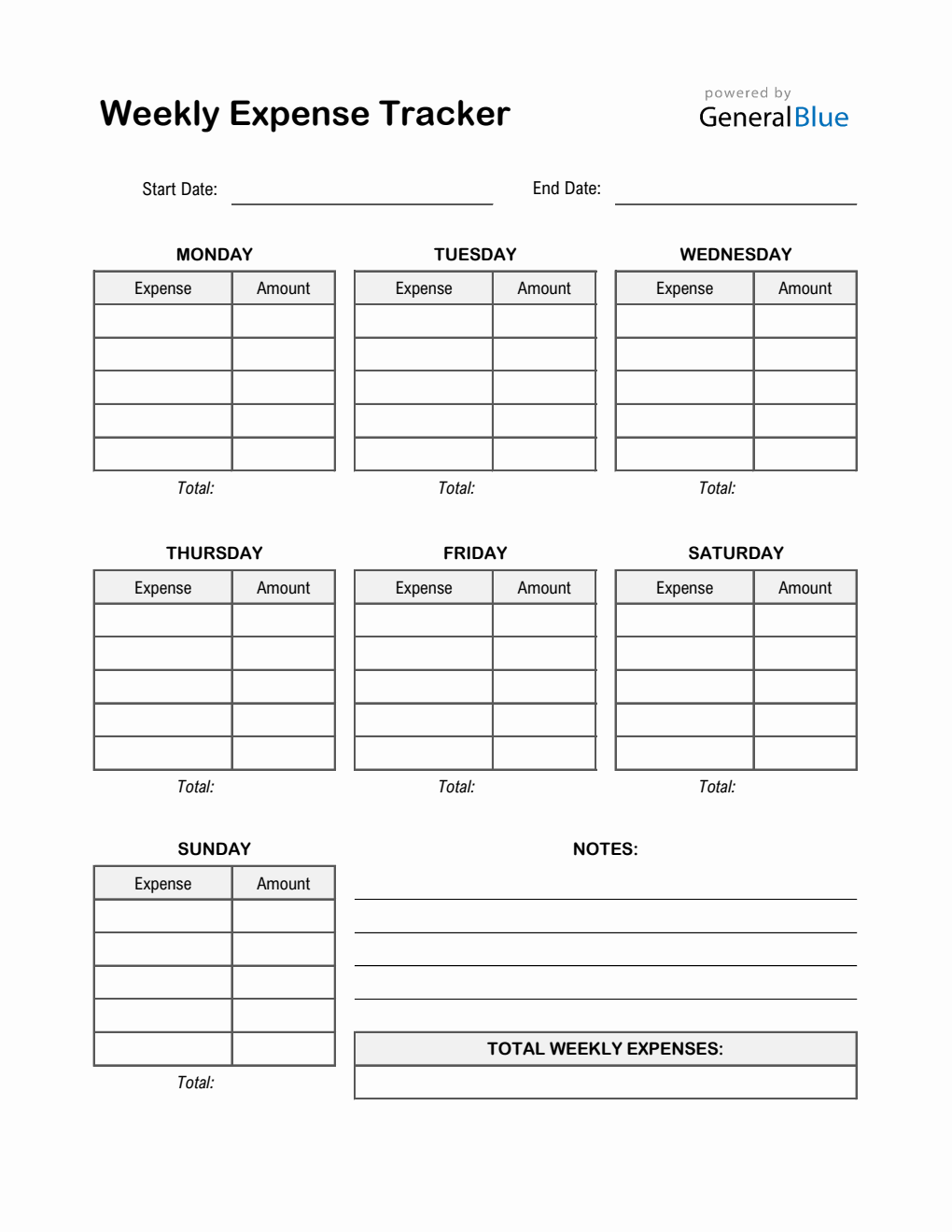 Weekly Expense Tracker in Excel (Printable)