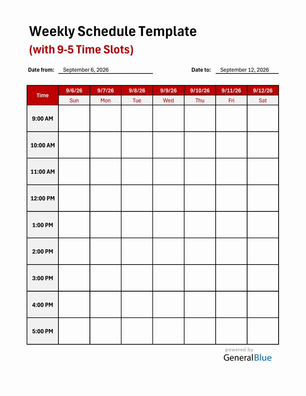 Weekly Planner with Time Slots (9Am To 5Pm) - Free Excel Download
